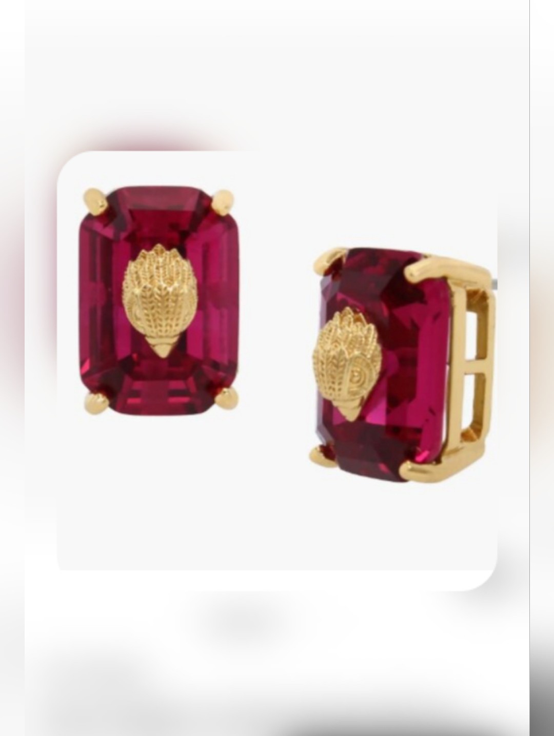 Kurt Geiger Fuchsia Rectangular Crystal Stud Earrings With Gold Eagle Accent